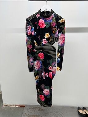 Black Velvet Floral Long-Sleeve Cutout Dress